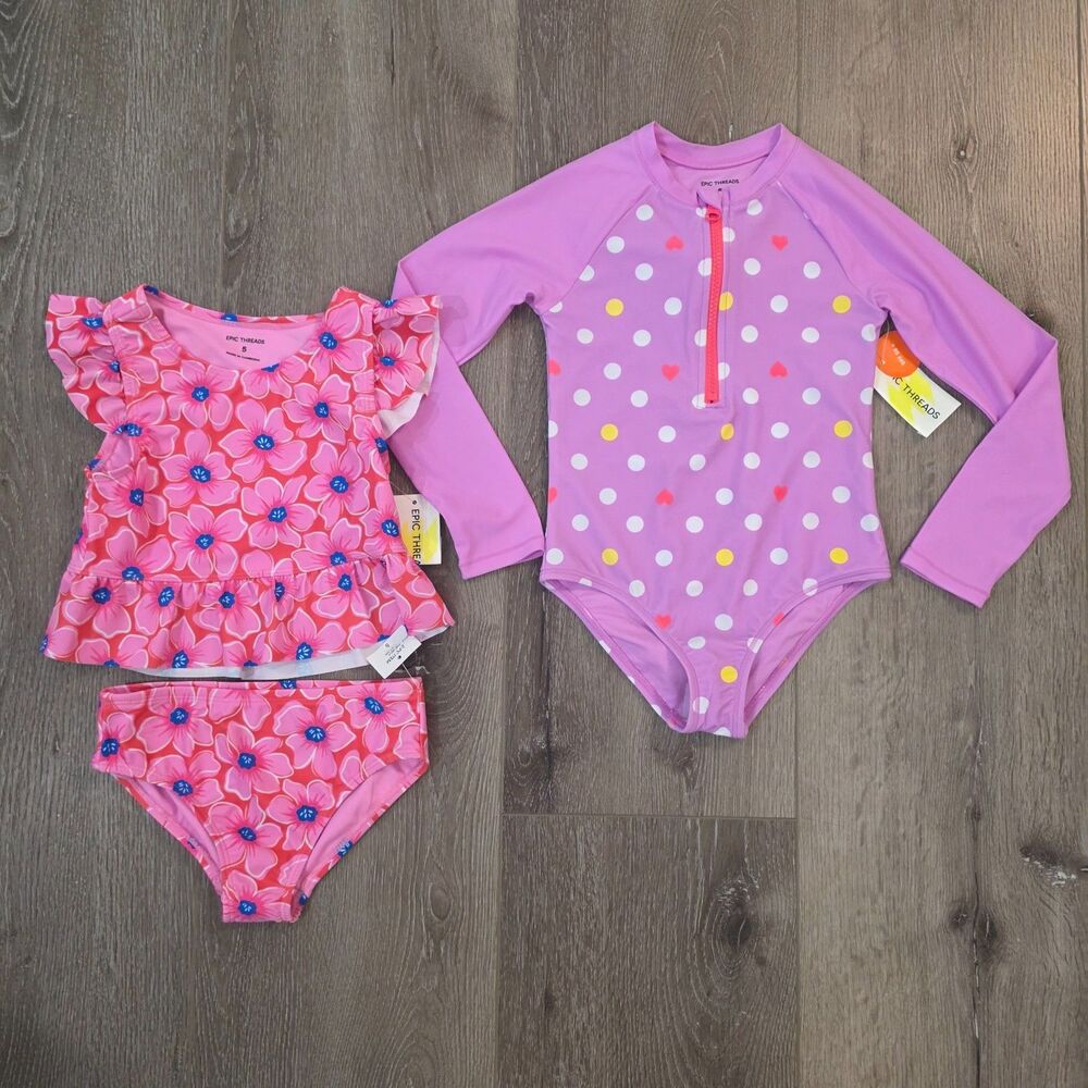 NWT Epic Threads Lot of 2 Swim Suits Floral Polk a dot Size Girls 5 Pink